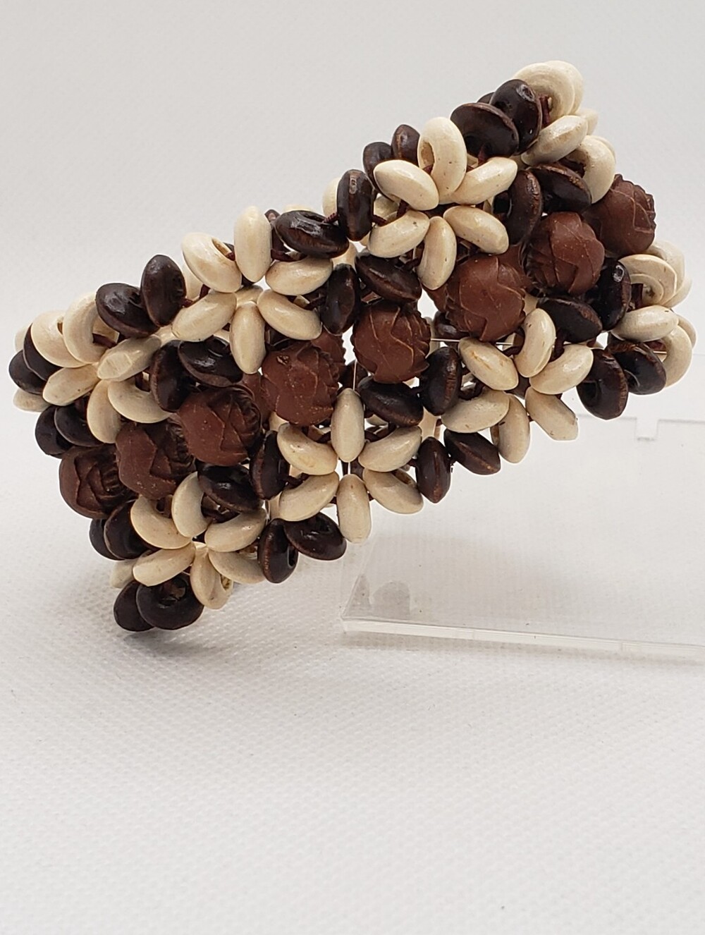 Beaded Wood Bracelet in Brown and Cream